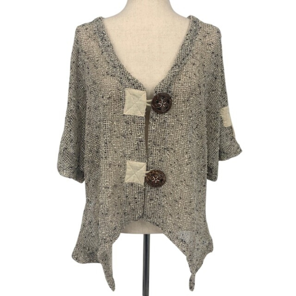 Kaktus Open Knit Cardigan L Lagenlook Boho Artsy Sharkbite Hem Coconut Button